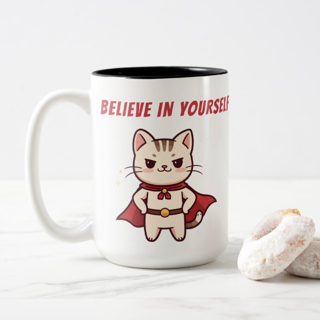 Superhero Cat Believe in Yourself Two-Tone Coffee Mug (With Donut)