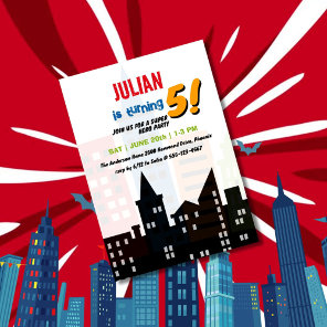Superhero City Building Theme Kids Birthday Invitation