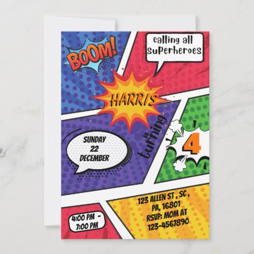 Superhero Comic Birthday Invitation for Boys