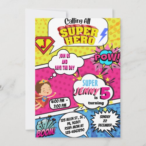 Superhero Comic Birthday Invitation for GIRLS 