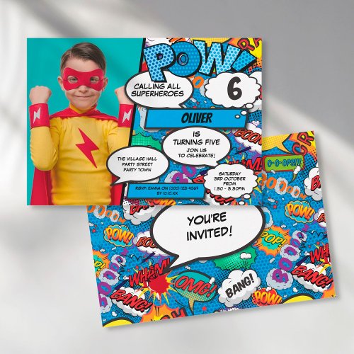 Superhero Comic Birthday Party Blue Photo Invitation