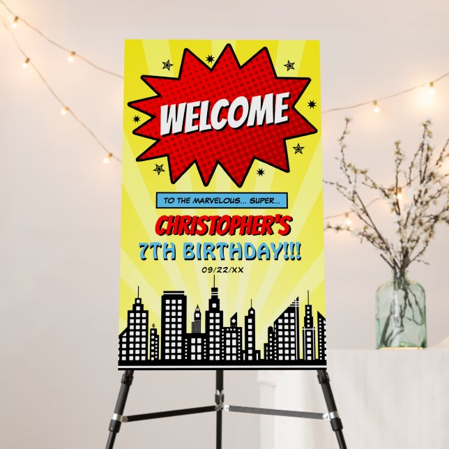 Superhero Comic Book Any Age Birthday Welcome Sign (In Situ (Stand))