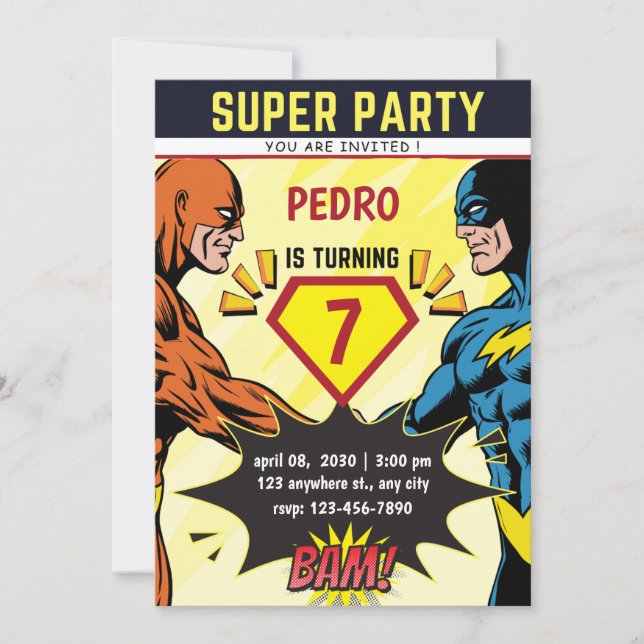 Superhero Comic Book Birthday Party Invitation (Front)