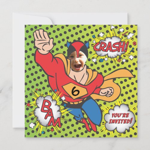 Superhero comic book birthday party photo card custom invites