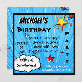 Superhero Comic Book Blue Birthday Party Invitation