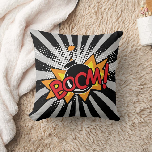 Superhero Comic Book Boom Bomb Cartoon Throw Pillow (Blanket)