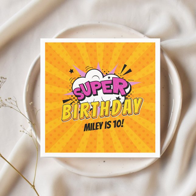 Superhero Comic Book Girl's Cute Birthday Napkins (Girl's superhero personalized birthday napkin)