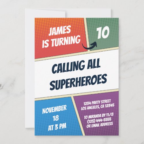 Superhero Comic Book Kids Birthday Invitation