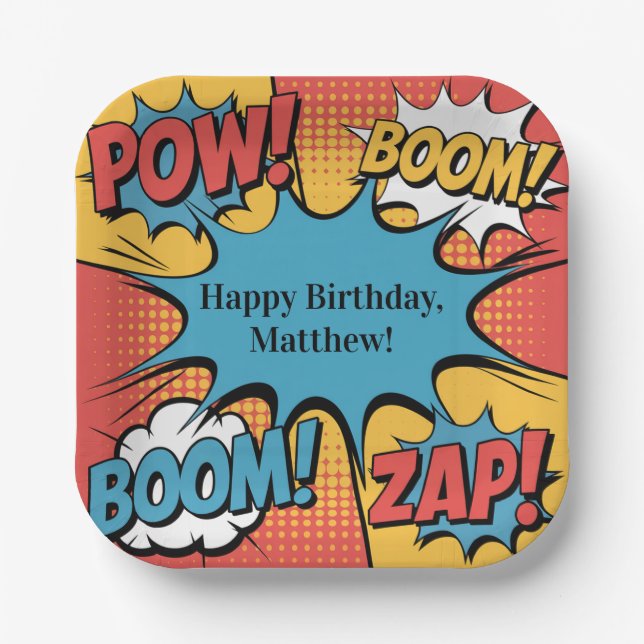 Superhero Comic Book Pop Art Boy Birthday Party Paper Plates (Front)
