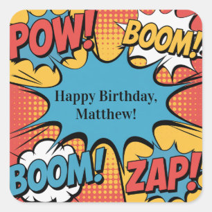 Superhero Comic Book Pop Art Boy Birthday Party Square Sticker