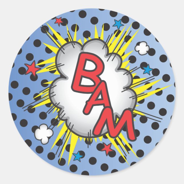 Superhero Comic Book Stickers, Bam! Classic Round Sticker (Front)