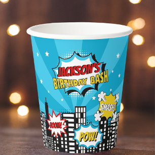 Superhero Comic Book Style Boy Birthday Blue Paper Cups