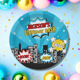 Superhero Comic Book Style Boy Birthday Blue Paper Plates