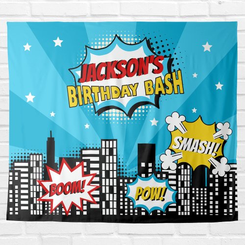 Superhero Comic Book Style Boy Birthday Blue Tapestry