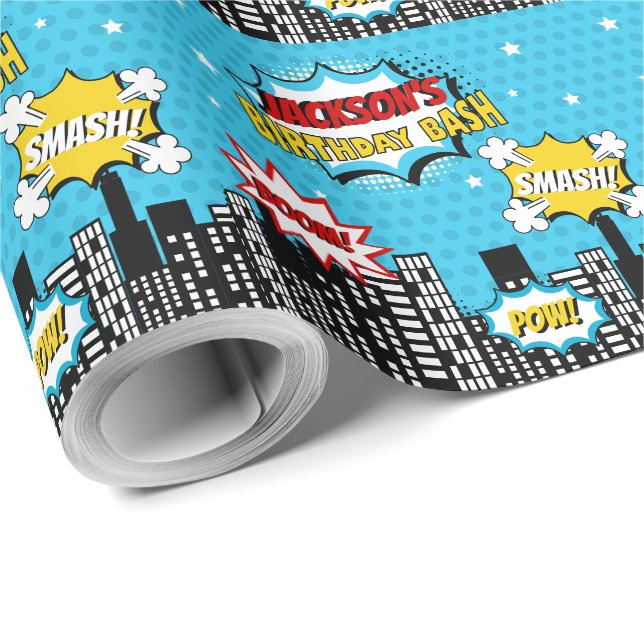 Superhero Comic Book Style Boy Birthday Blue Wrapping Paper (Roll Corner)
