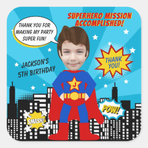 Superhero Comic Book Style Boy Birthday Photo Square Sticker