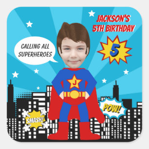 Superhero Comic Book Style Boy Birthday Photo Square Sticker