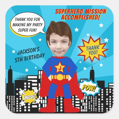 Superhero Comic Book Style Boy Birthday Photo  Square Sticker