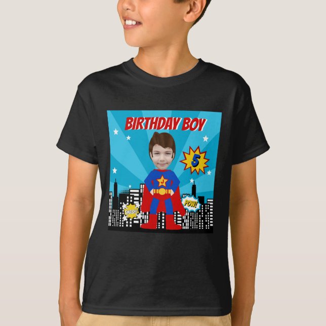 Superhero Comic Book Style Boy Birthday Photo  T-Shirt (Front)