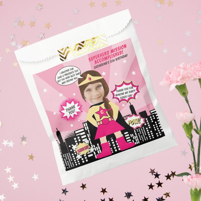 Superhero Comic Book Style Girl Birthday Photo  Favor Bag (Creator Uploaded)
