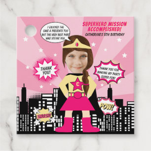 Superhero Comic Book Style Girl Birthday Photo Favor Tags