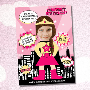 Superhero Comic Book Style Girl Birthday Photo  Invitation