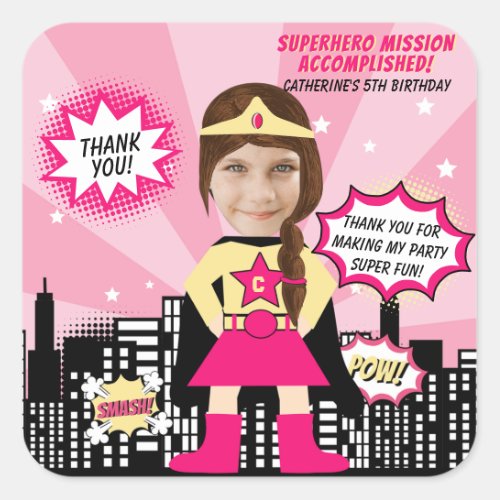 Superhero Comic Book Style Girl Birthday Photo  Square Sticker