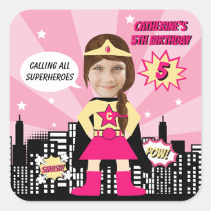 Superhero Comic Book Style Girl Birthday Photo Square Sticker