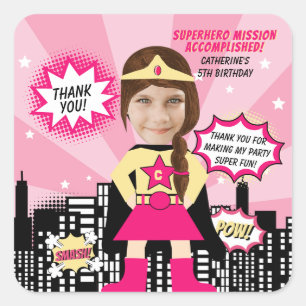 Superhero Comic Book Style Girl Birthday Photo Square Sticker