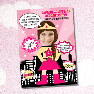 Superhero Comic Book Style Girl Birthday Photo Thank You Card