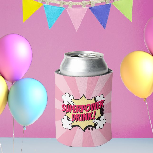 Superhero Comic Book Style Girl Birthday Pink Can Cooler (Creator Uploaded)