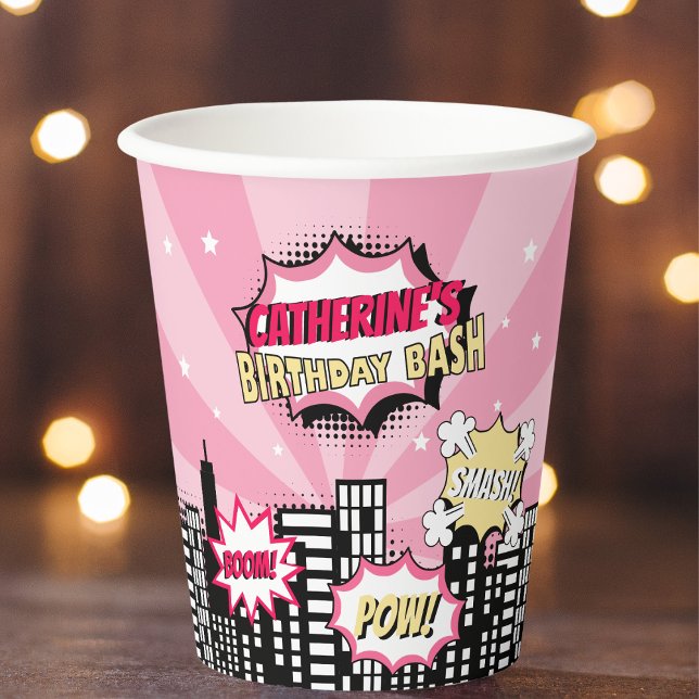 Superhero Comic Book Style Girl Birthday Pink Paper Cups (Creator Uploaded)