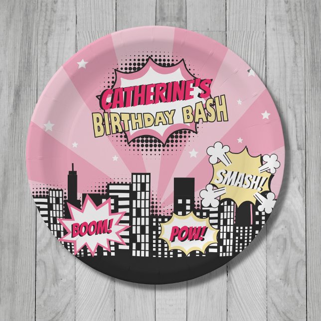 Superhero Comic Book Style Girl Birthday Pink Paper Plates (Creator Uploaded)