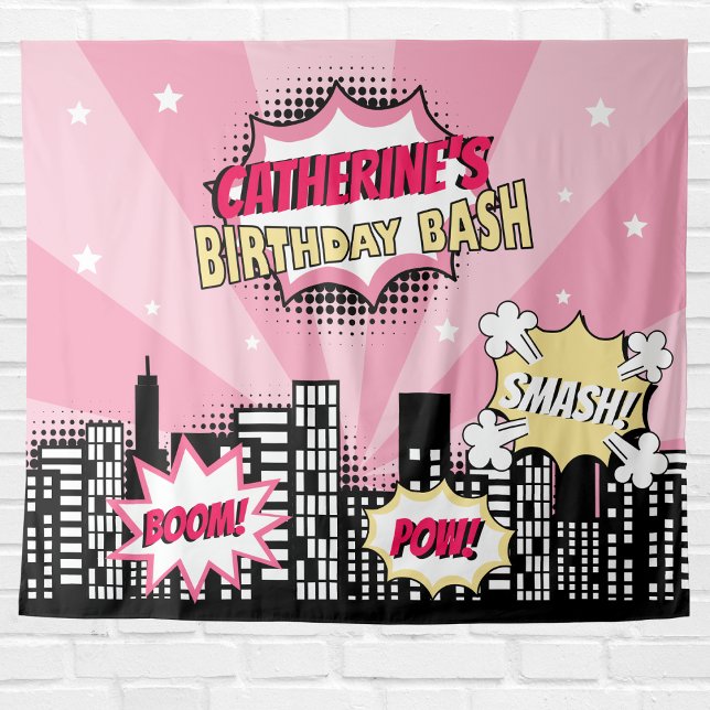 Superhero Comic Book Style Girl Birthday Pink Tapestry (Creator Uploaded)
