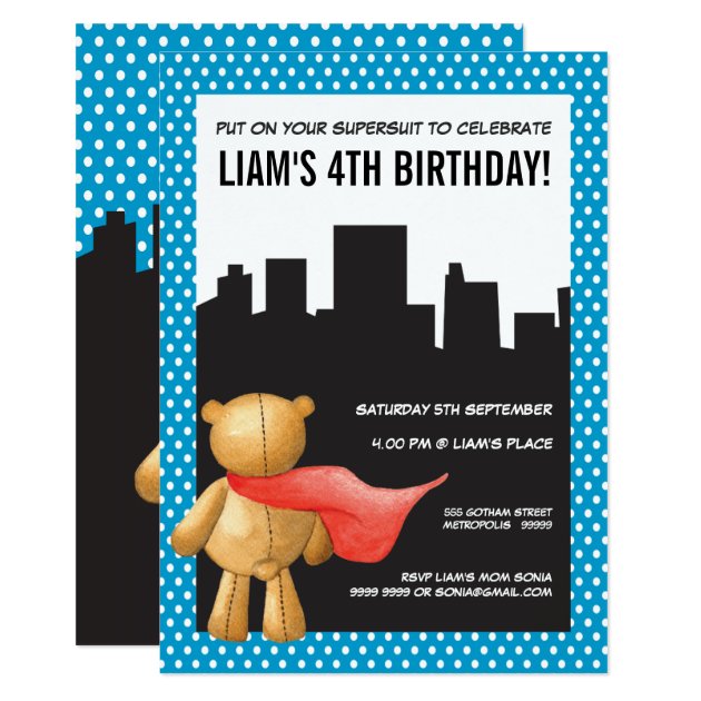 Superhero Comic Book Teddy Boys Birthday Invite