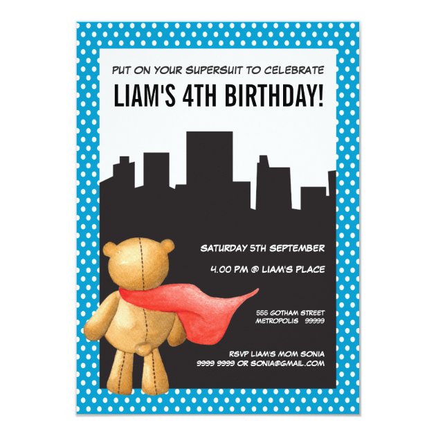 Superhero Comic Book Teddy Boys Birthday Invite