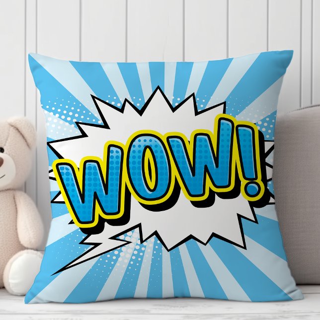 Superhero Comic Book Wow Cartoon Throw Pillow (Creator Uploaded)