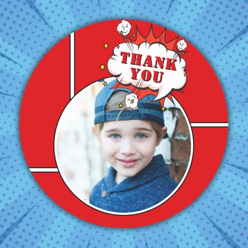 Superhero Comic Boy Birthday Photo Thank you Classic Round Sticker