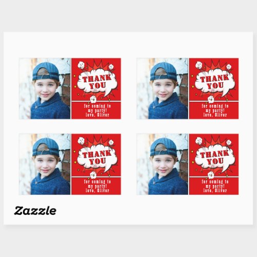 Superhero Comic Boy Birthday Photo Thank you Red Rectangular Sticker