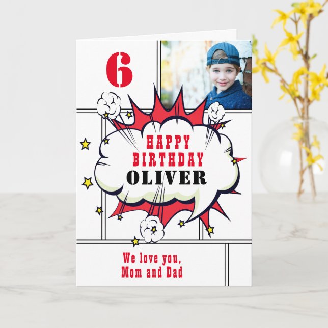 Superhero Comic Boy Fun Photo Birthday  Card (Yellow Flower)