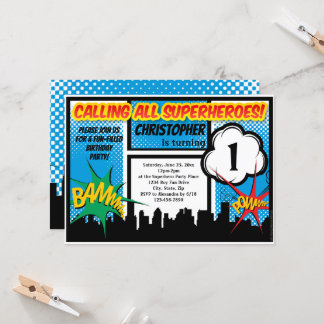 Superhero Comic Boy's 1st First Birthday Party Invitation