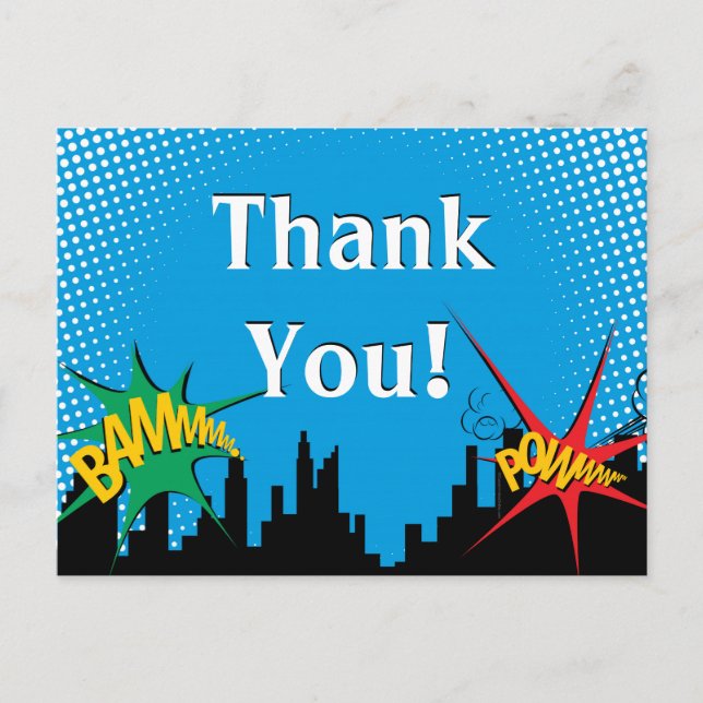 Superhero Comic Boy's Birthday Party Thank You Postcard (Front)