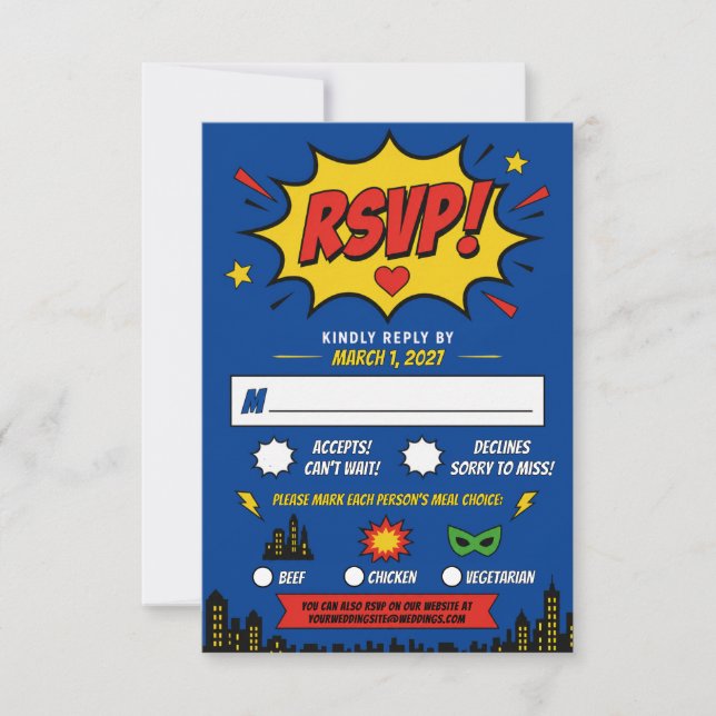 Superhero Comic Bright Bold Wedding RSVP Card (Front)