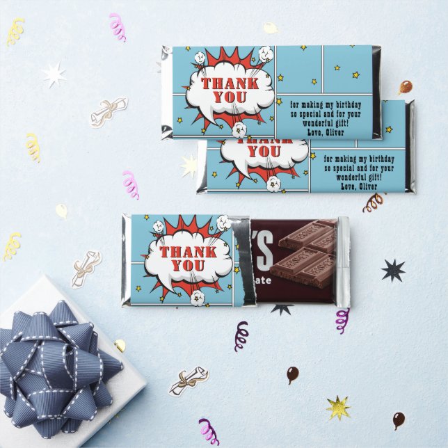 Superhero Comic Cloud Boy Birthday Thank you Hershey Bar Favors (Front)