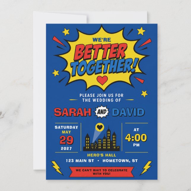 Superhero Comic Colorful Bold Blue Wedding Invitation (Front)