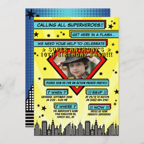 Superhero Comic Photo Any Age Birthday Invitations