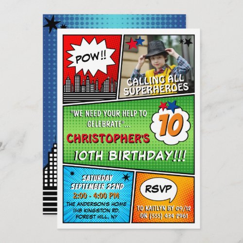 Superhero Comic Photo Any Age Birthday Invitations