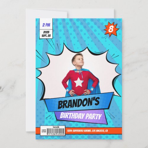 Superhero Comic Photo Blue Boy Birthday Invitation