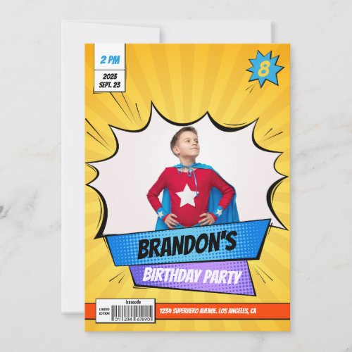 Superhero Comic Photo Yellow Boy Birthday Invitation