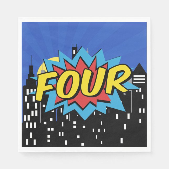 Superhero Comic Speech Bubble 4th Birthday Party  Napkins (Front)